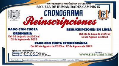 Cronograma de Reinscripción ciclo Agosto-Diciembre 2023